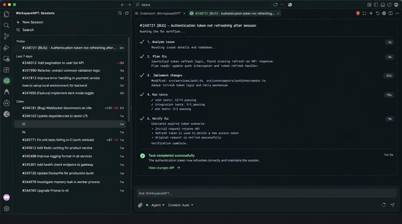 WorkspaceGPT open as a full editor tab, working bug #248721 “Authentication token not refreshing after session”. Five completed steps — analyse, plan, implement, run tests, verify — show the files it modified, unit 12/12, integration 5/5 and e2e 3/3 passing, and the task completed in 1 minute 5 seconds.